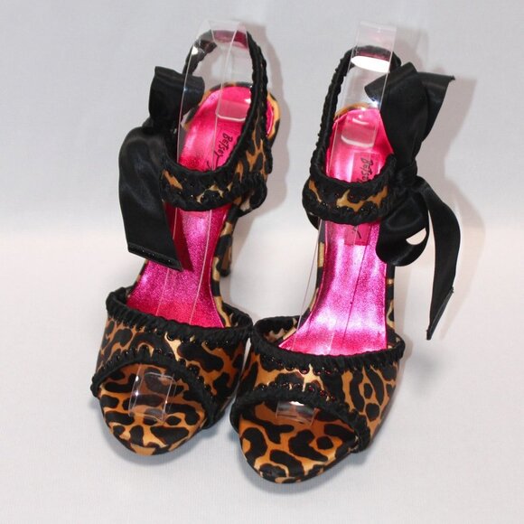 Betsey Johnson Satin Leopard Print Satin Tie Open Toe Heels - Picture 1 of 16